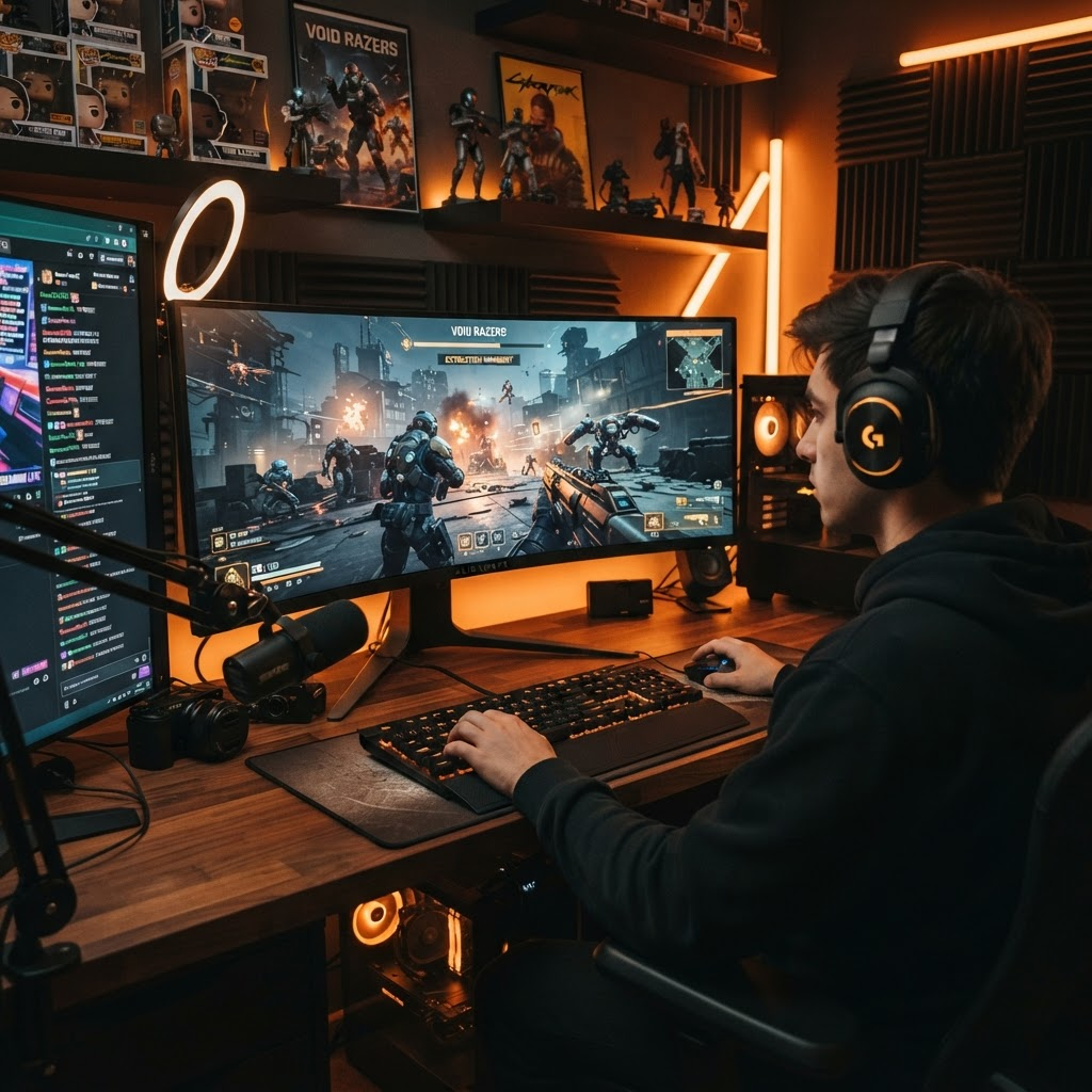 Streamer playing ARC Raiders at a gaming setup